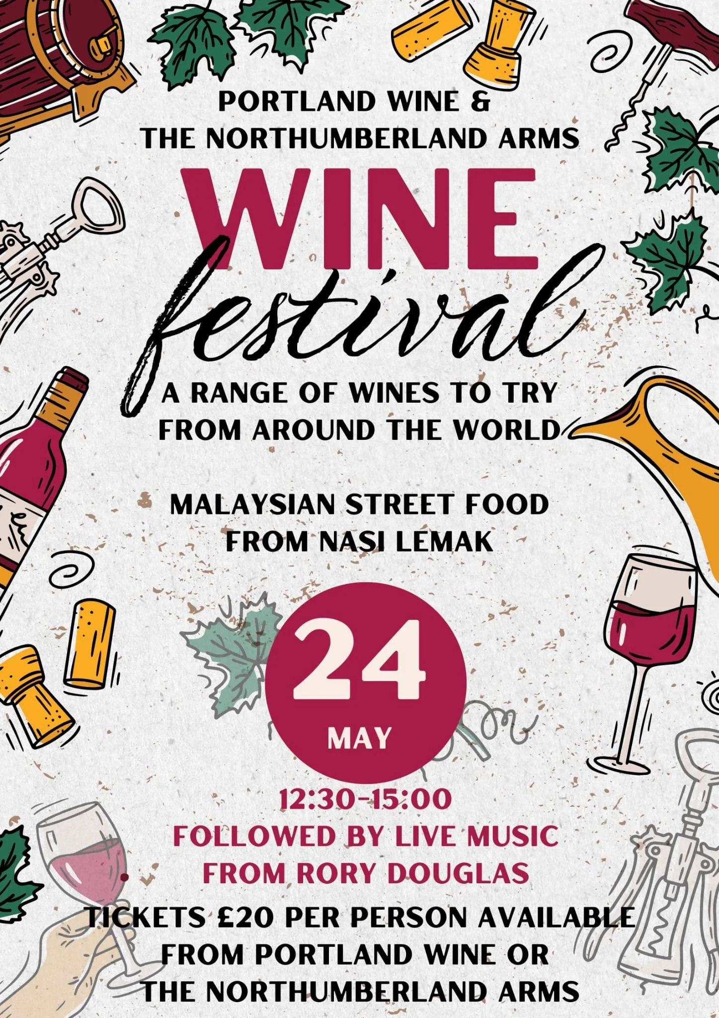 6 Weeks Today

Time for another Wine Festival at The Thumb? Sounds like a great idea!

Join our team on Sunday 24th May from 12pm where we'll have a range of 30+ wines from around the world for you to try.

There'll be Malaysian Street Food by Nasi L
