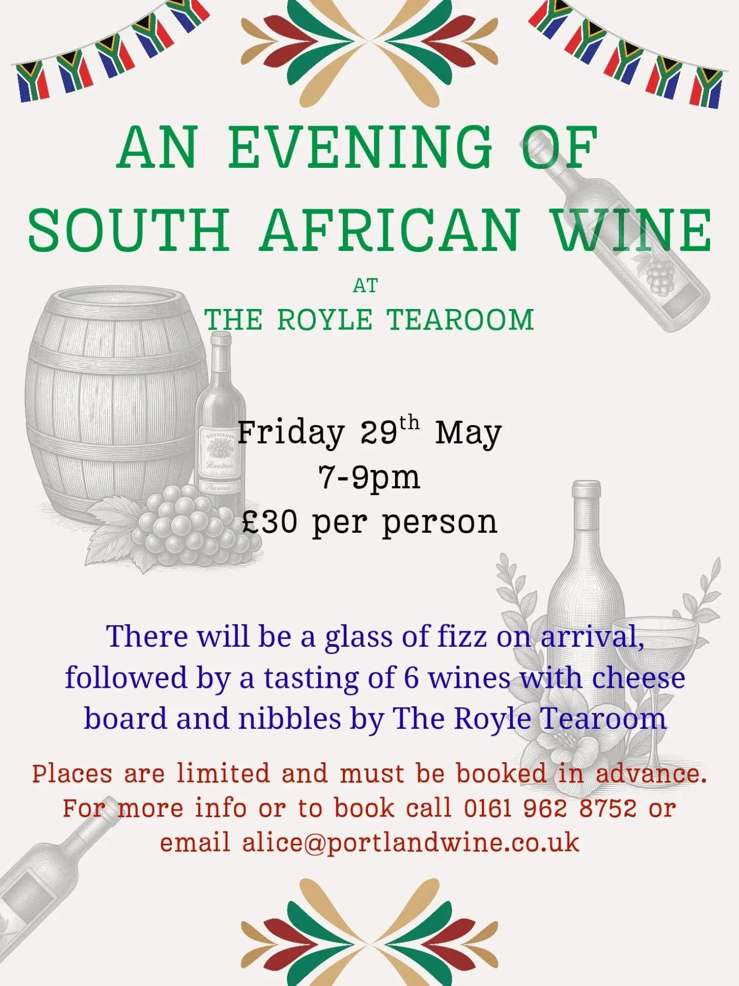 Join us for our next wine tasting evening at The Royle Tearoom - we'll be trying a range of wines from South Africa 🇿🇦 and we know you'll love them!
