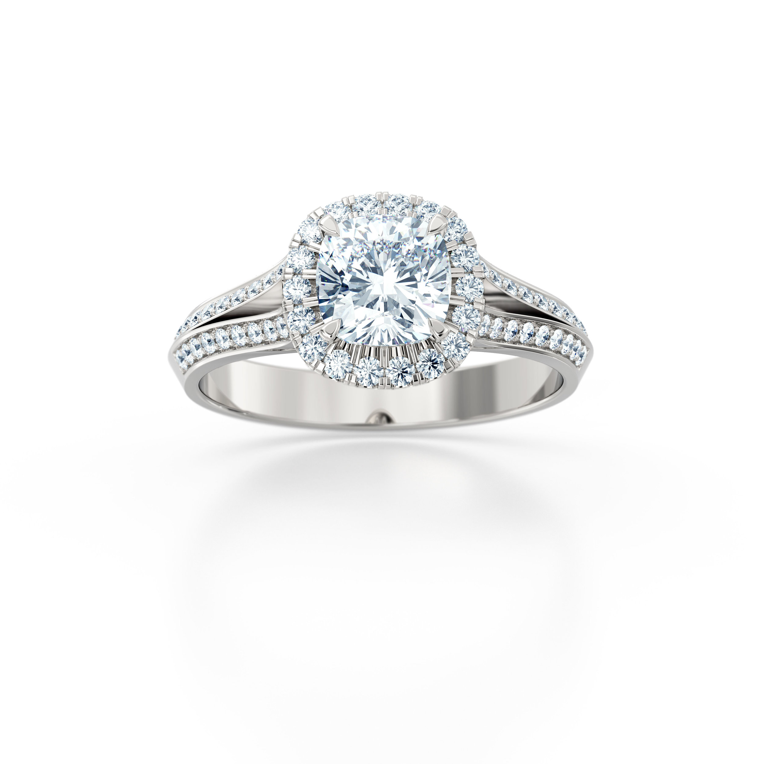 Cushion cut diamond double shank halo engagement ring