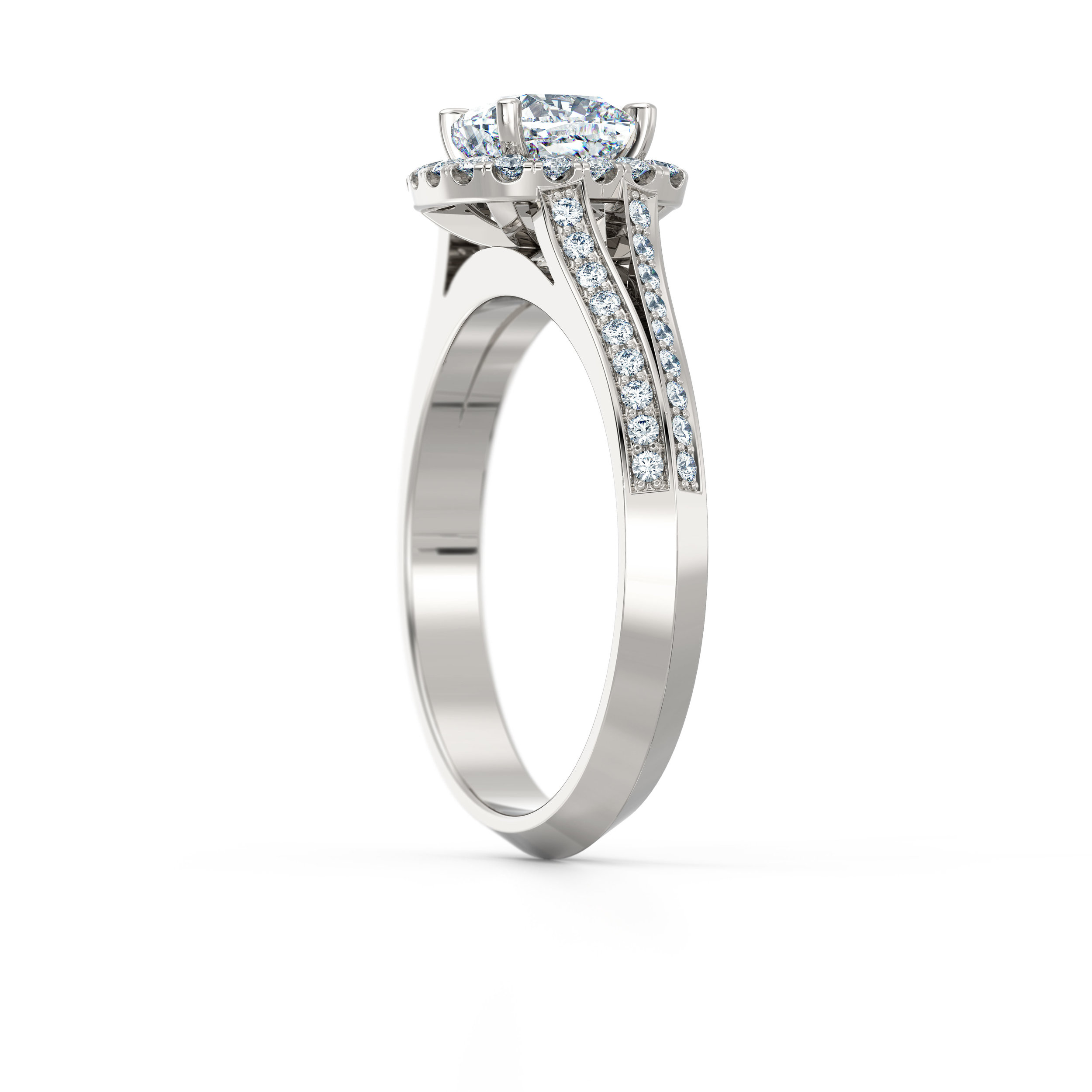 Cushion cut diamond double shank halo engagement ring