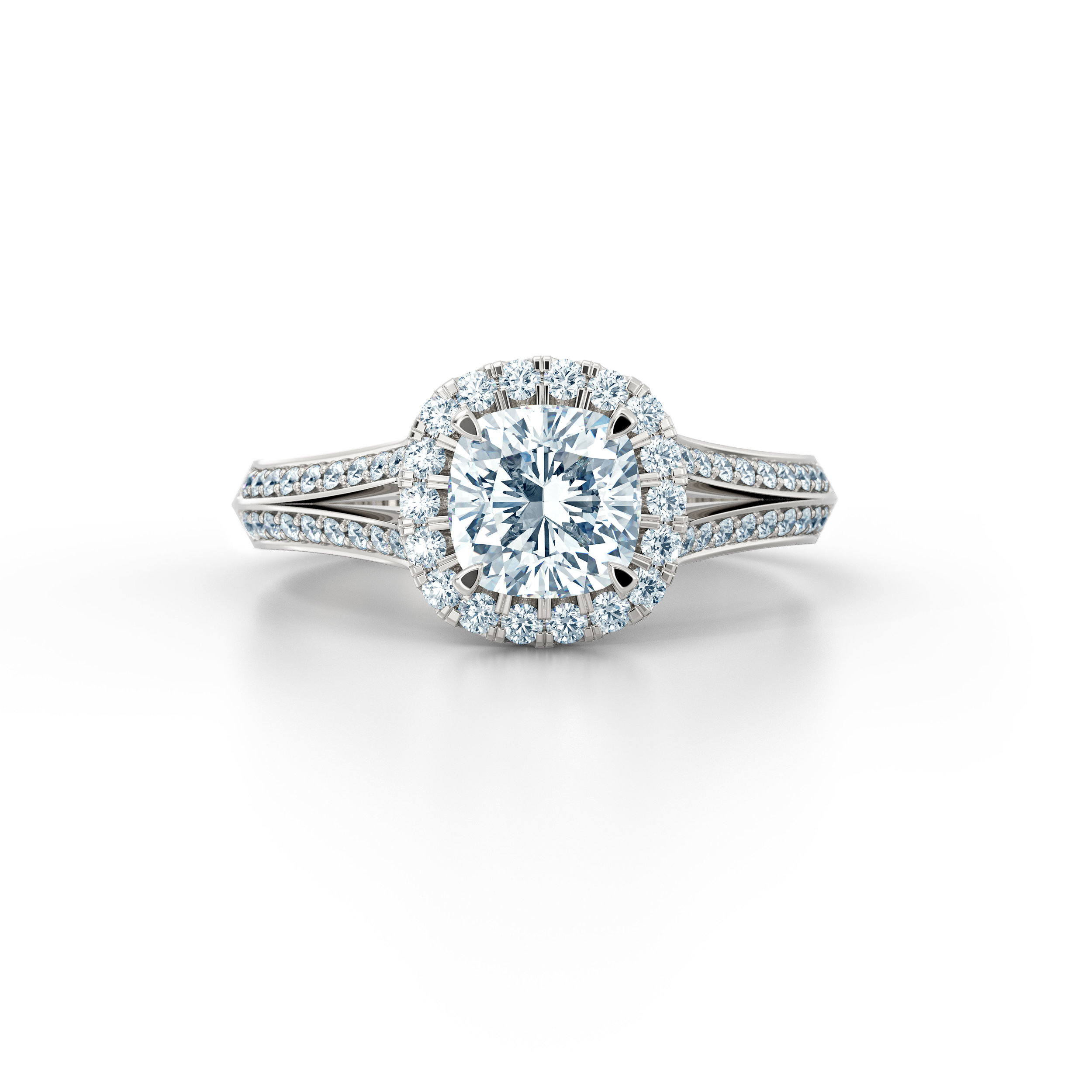 Cushion cut diamond double shank halo engagement ring