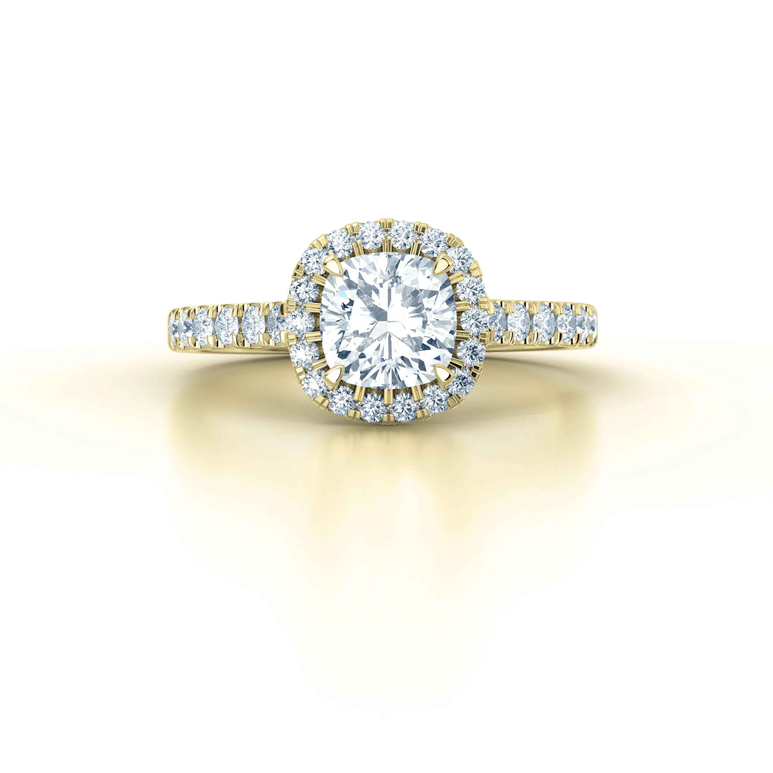 Cushion cut diamond shoulder halo