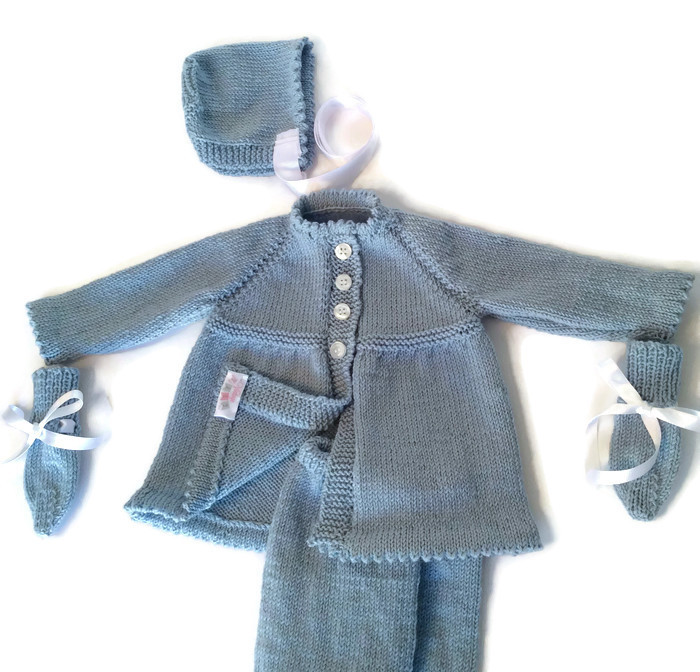 Merino pram suit Vintage pattern hand knitted luxury baby clothing