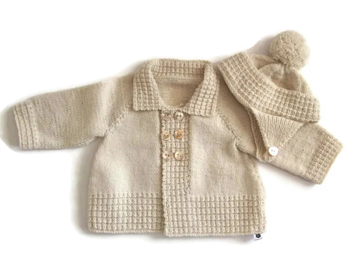 Hand knitted babys Vintage driving coat and hat set