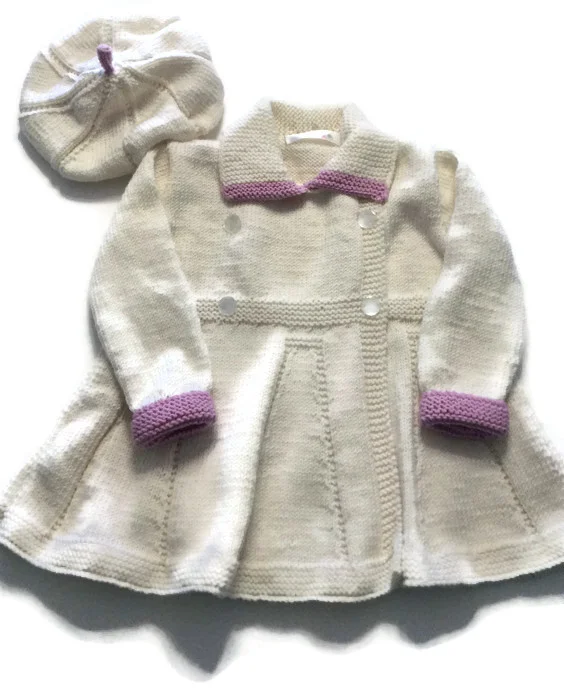 SALE    READY NOW   Hand knitted baby girls Merino coat and hat set