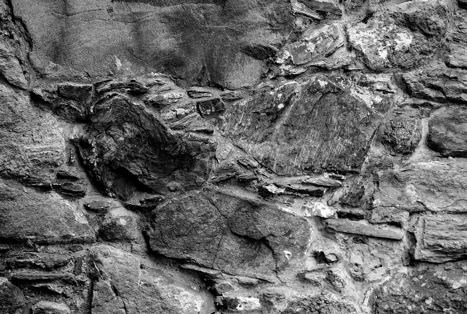   Additional image, no. 4: photo of mediveal stone wall, where Håkonshallen stands today, Bergen.   Analogue 4x5, b/w photograph.  