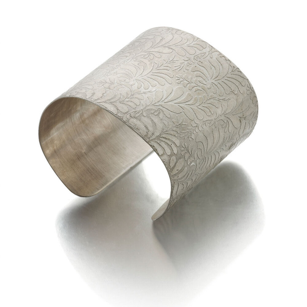 Volutes Photo etched sterling silver Cuff Bracelet with floral pattern