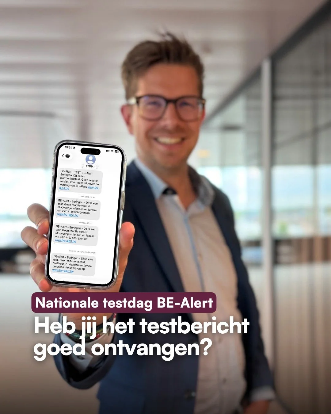 📲 Heb jij het testbericht van BE-Alert niet ontvangen? 

Schrijf je dan zeker in, zodat we je in geval van nood meteen op de hoogte kunnen brengen. 
Ben je wel al ingeschreven, maar heb je geen bericht ontvangen? Kijk dan zeker je instellingen en ge