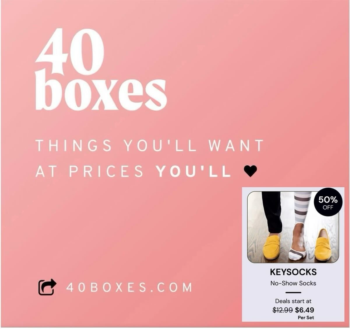 We&rsquo;re so excited to be featured on @40boxes 📦 Now is the time to SHOP and SAVE 50% off on Keysocks 🗝 Make sure to check out @toryjohnson site #40boxes 🩷Things you&rsquo;ll want at prices you&rsquo;ll love 🩷 Shop Link in Bio 🛒 

#keysocks #