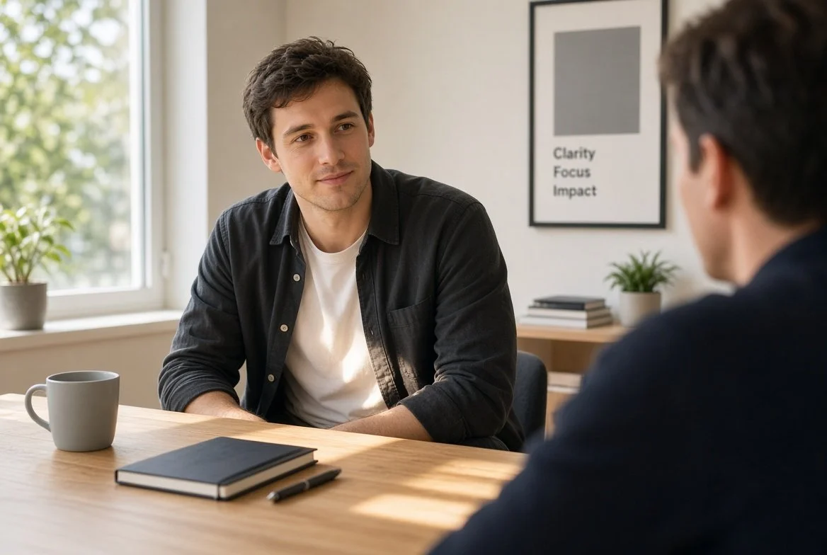Dezelfde ondernemer in gesprek met een klant, ontspannen, luisterend, de grijze maand-einde-waas is weg, een zachte lichte stroom langs zijn borst en de tafel, contact in plaats van vasthouden.