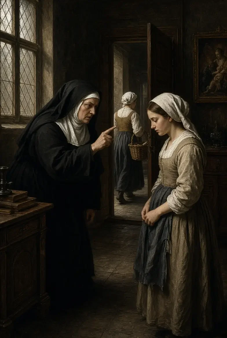 Twee vrouwen in een historische kamer, een van hen lijkt te wijzen en te spreken tegen de andere, die verdrietig lijkt te zijn.