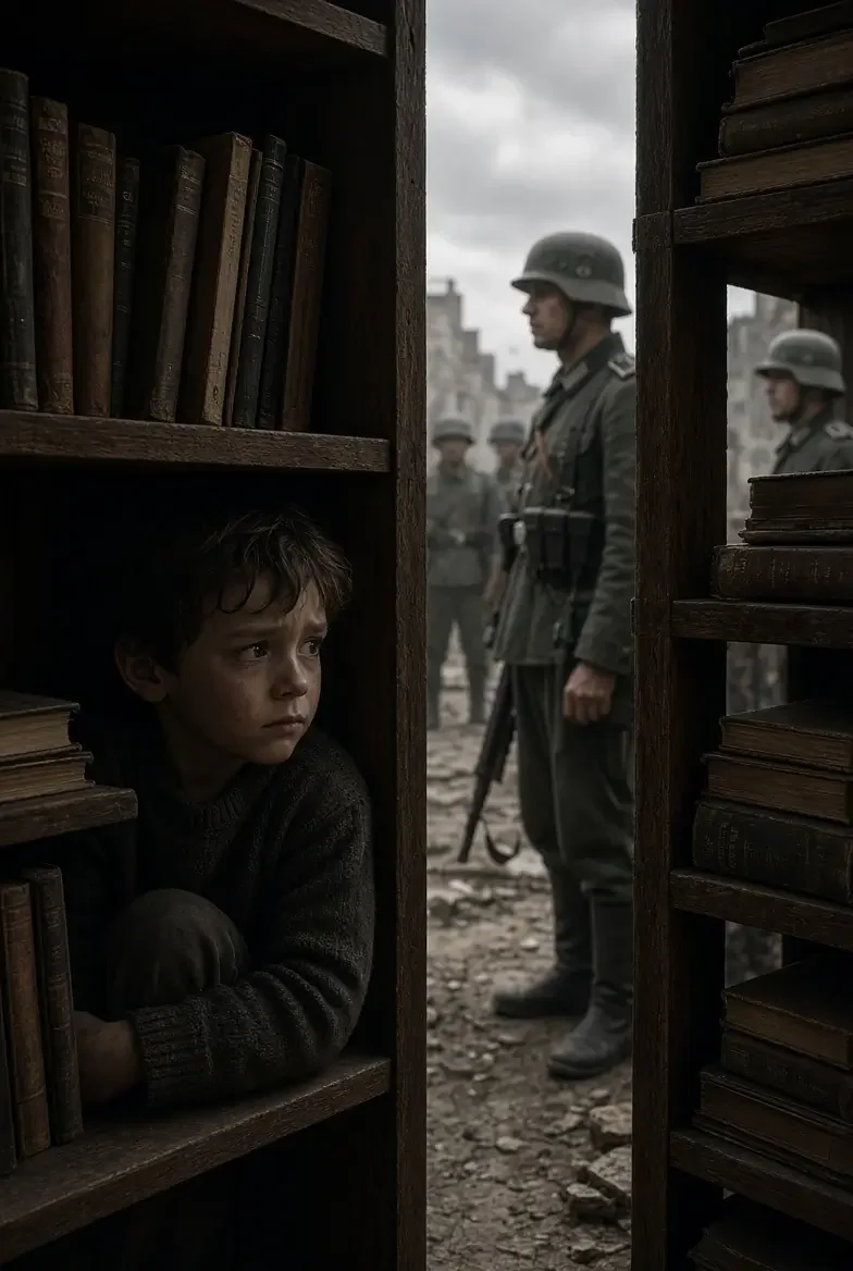 Een jonge jongen verscholen tussen boeken in een bibliotheek, met geallieerde soldaten op de achtergrond in een oorlogsgebied.