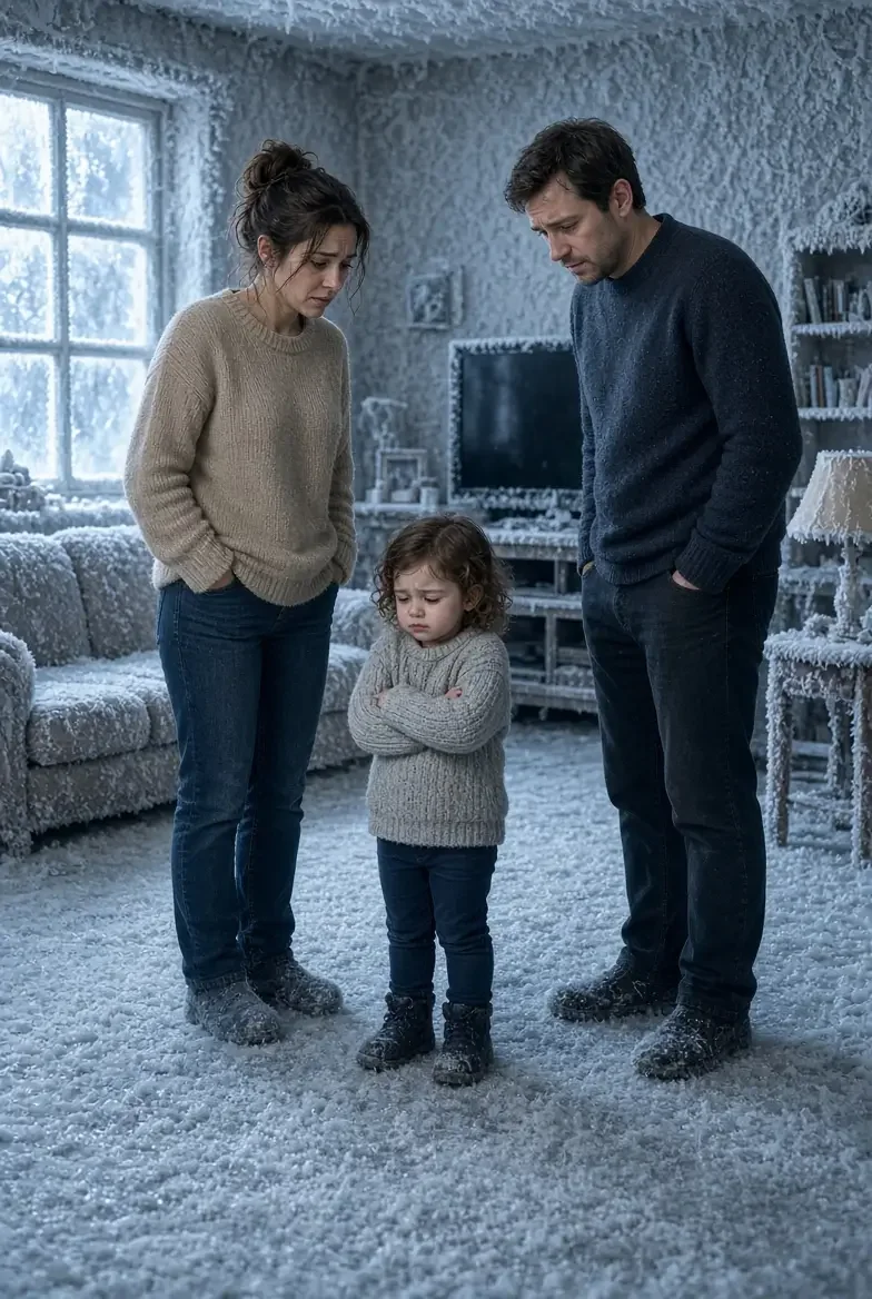 Een vrouw, een man en een jonge meisje staan in een kamer bedekt met sneeuw en ijs, allemaal met een ernstige uitdrukking. De kamer heeft een grote raam en een tv, en het is duidelijk dat ze vastzitten in een winterse, bevroren omgeving.