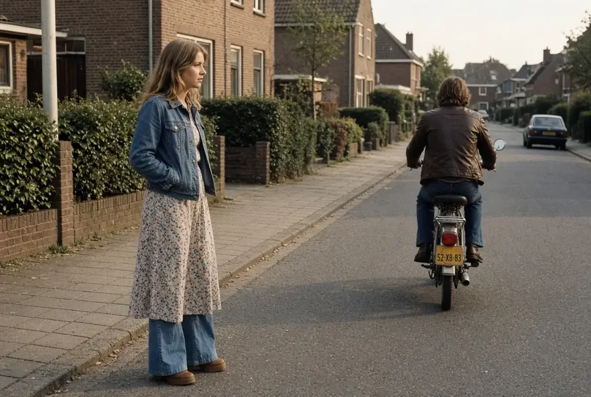 Een vrouw in een denim jack en een bloemenjurk staat op de stoep en kijkt naar een man die op een scooter rijdt op een rustige straat in een woonwijk.