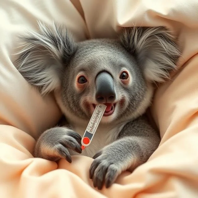 Een schattige koala houdt een thermometer in haar mond en ligt in een zachte, lichtgeel kussen.