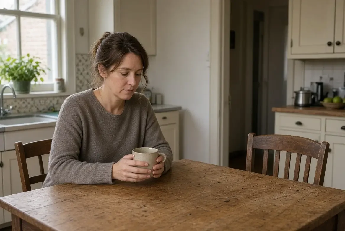 Vrouw zit alleen aan de keukentafel na de beslissing te scheiden