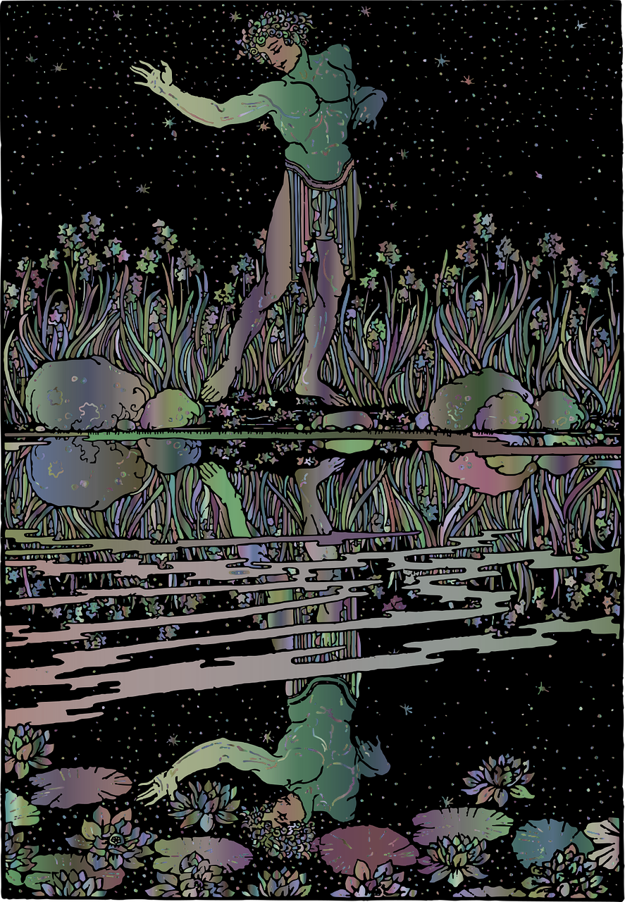 Colorized rendition of shirtless man at waterside