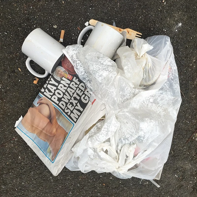 Newspaper, Mugs and Cigarettes, Someones Rubbish, 2015. 