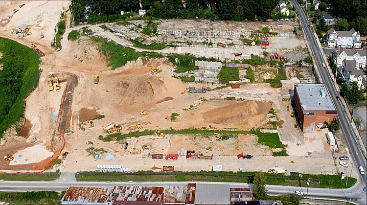 An aerial photo of Glenwood Park circa 2002. Prior to becoming a sustainability leading community, the 28 acre site was home to a concrete company.