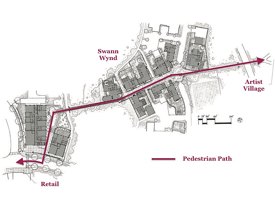 An overview of the plan for Swann Wynd showing the footpath that intersects the neighborhood. All positioned amongst dense forest. 