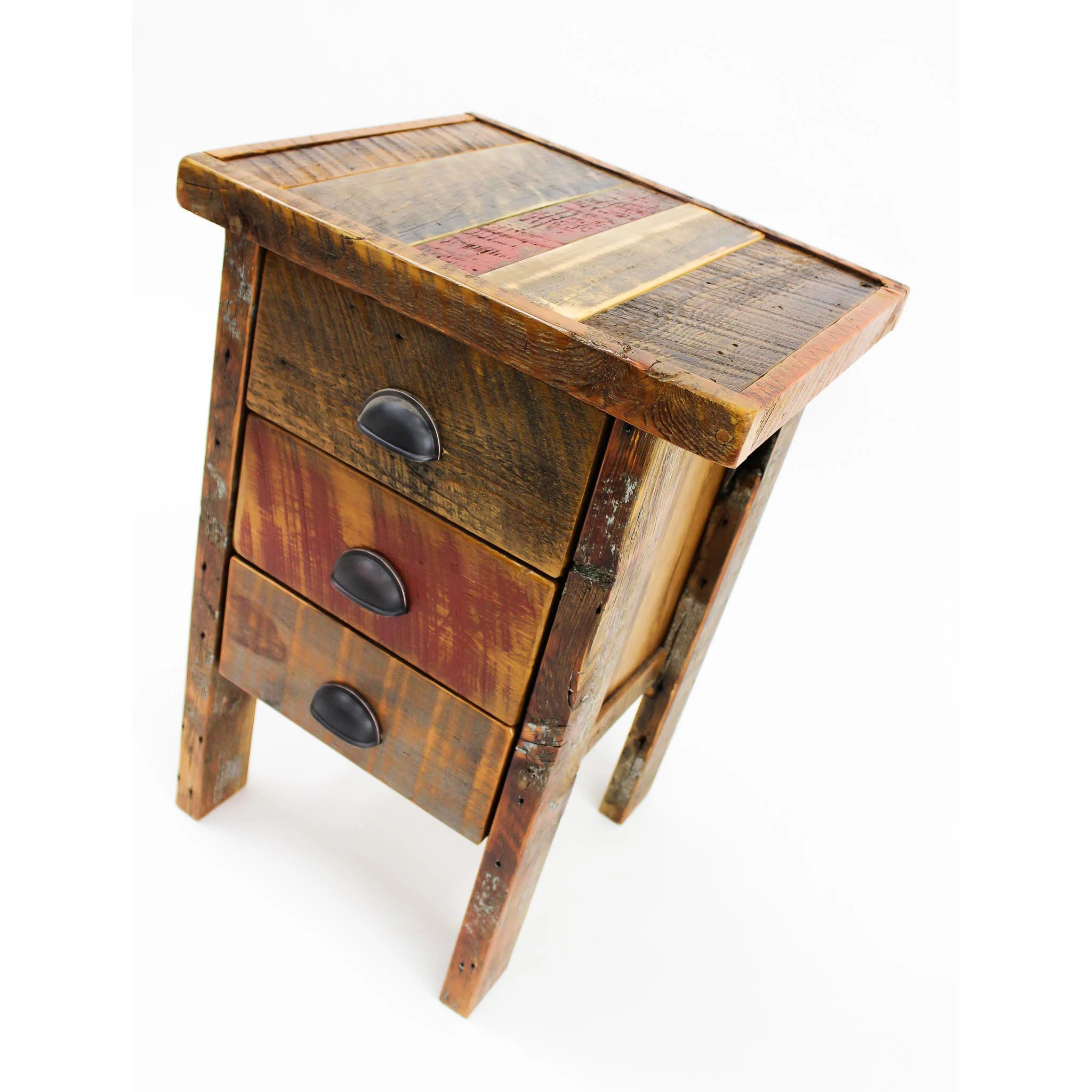 3 drawer night stand Shown in reclaimed barnwood with an inlay top - Arizona color palette
