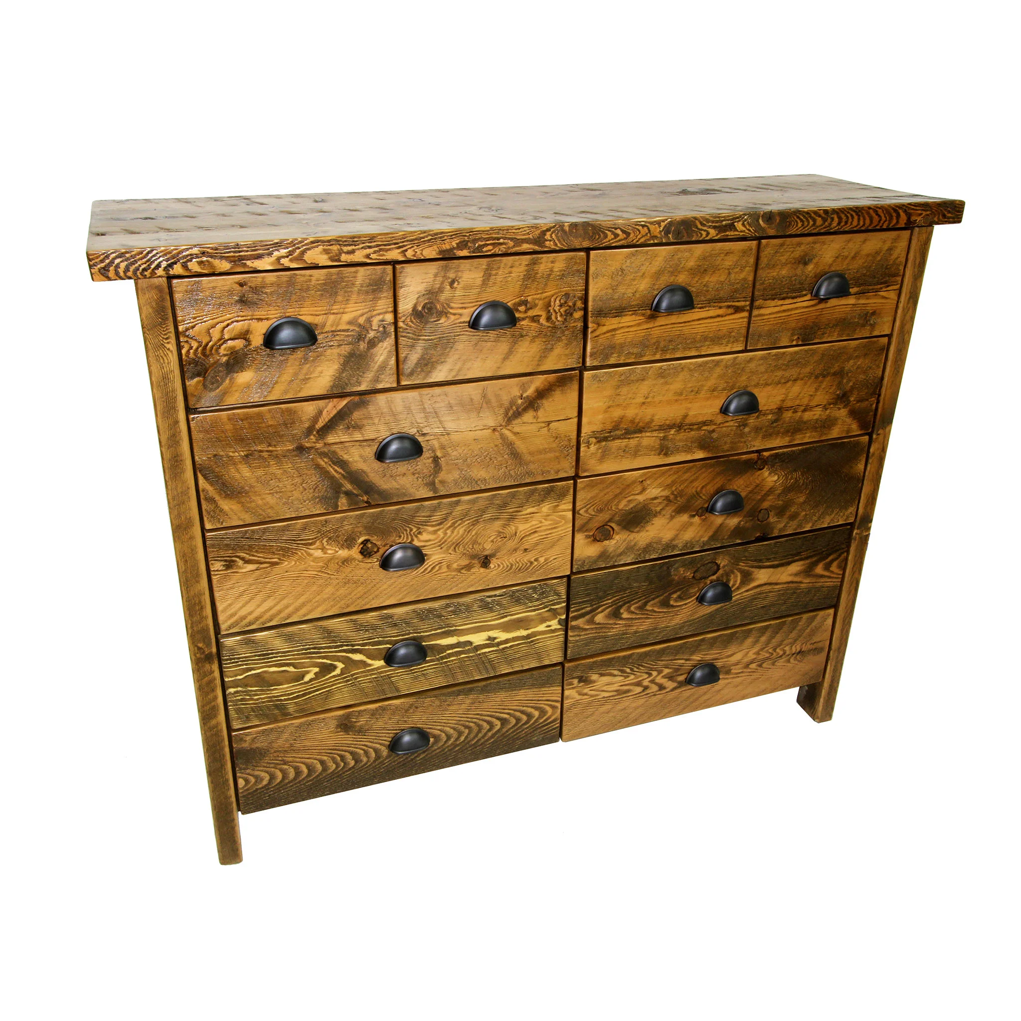 traditional 10 drawer dresser Shown in rough sawn - rustic brown with a thick top. Includes partitioned top drawers.