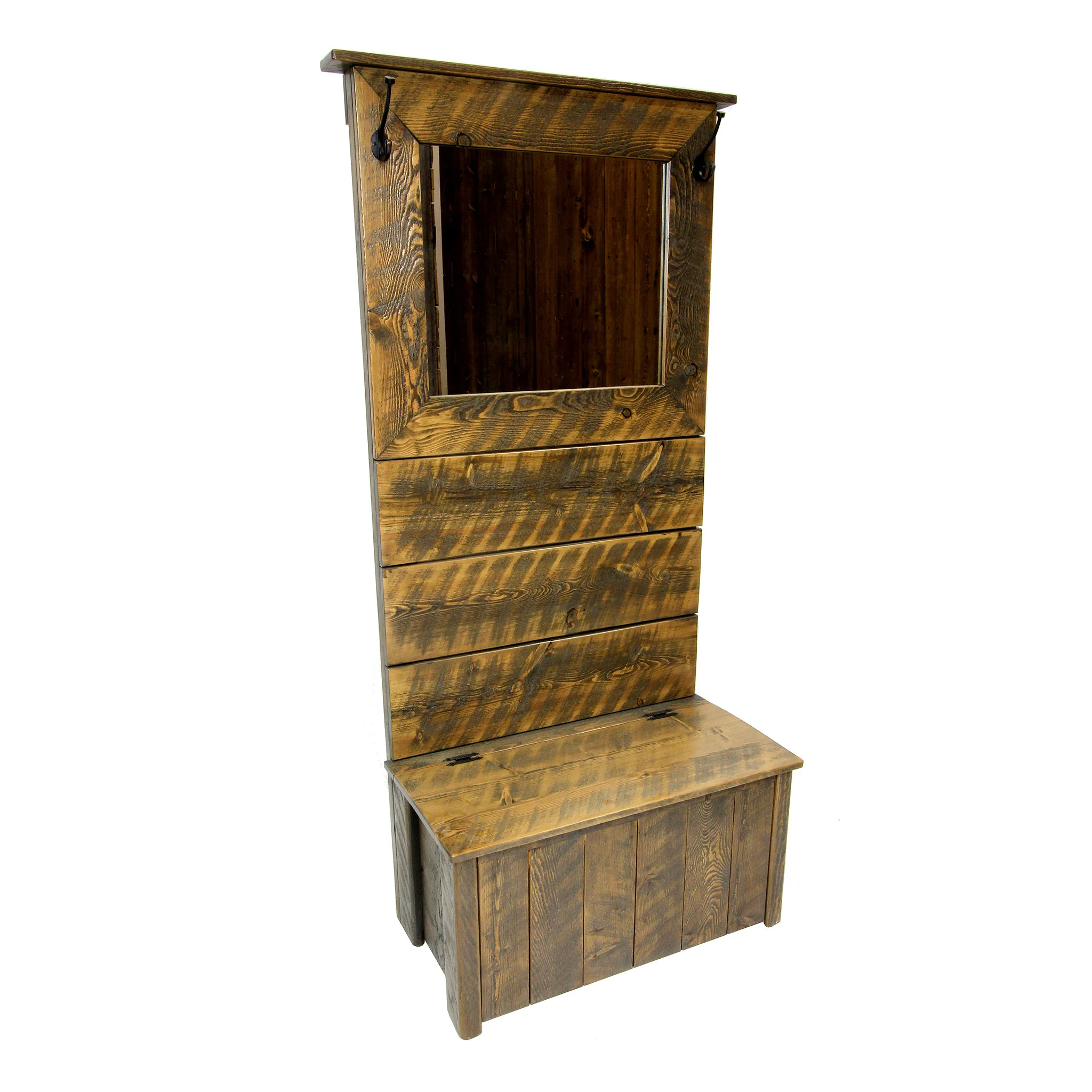 traditional hall tree with mirror Shown in rough sawn - rustic brown.