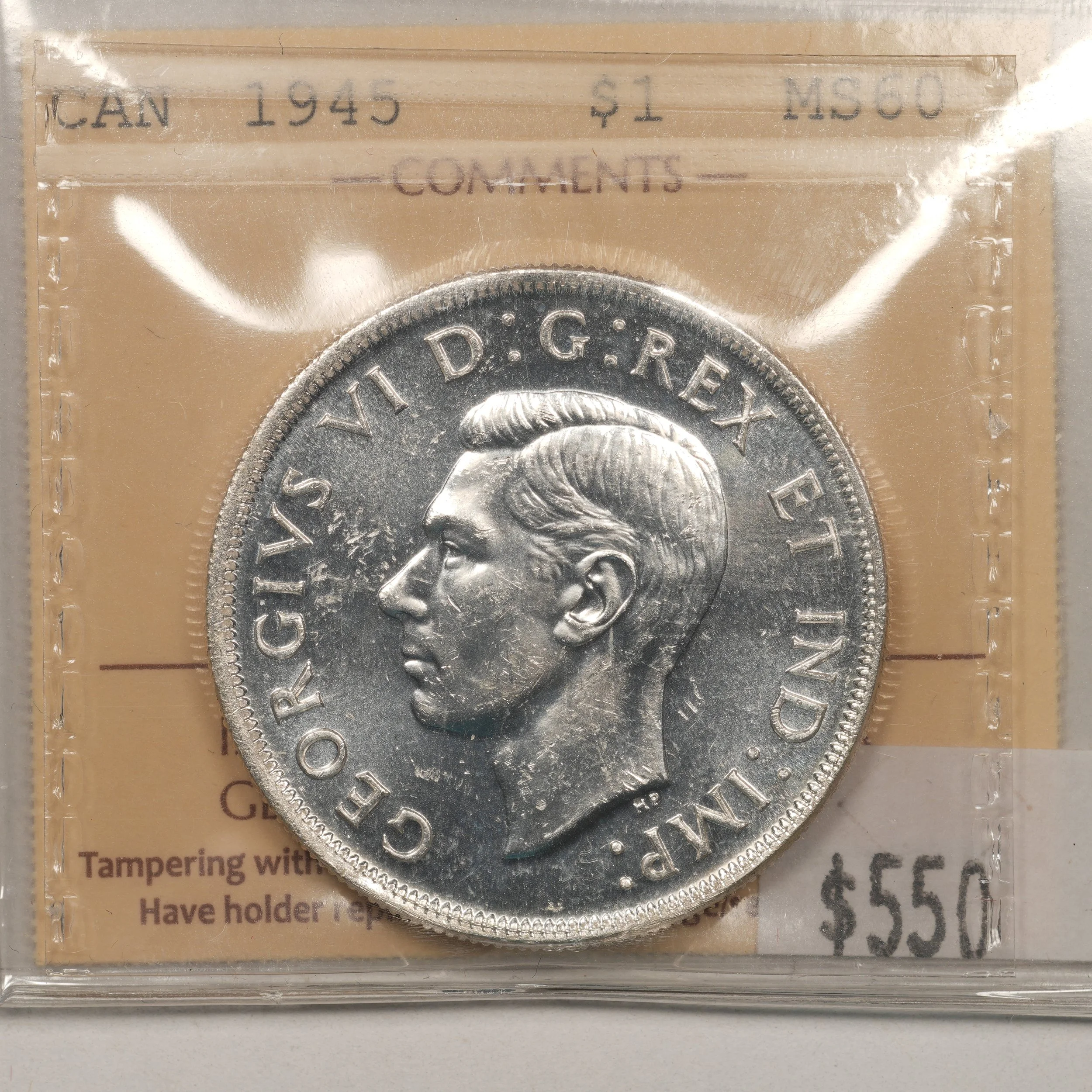 1945 Canada Silver Dollar ICCS MS60.