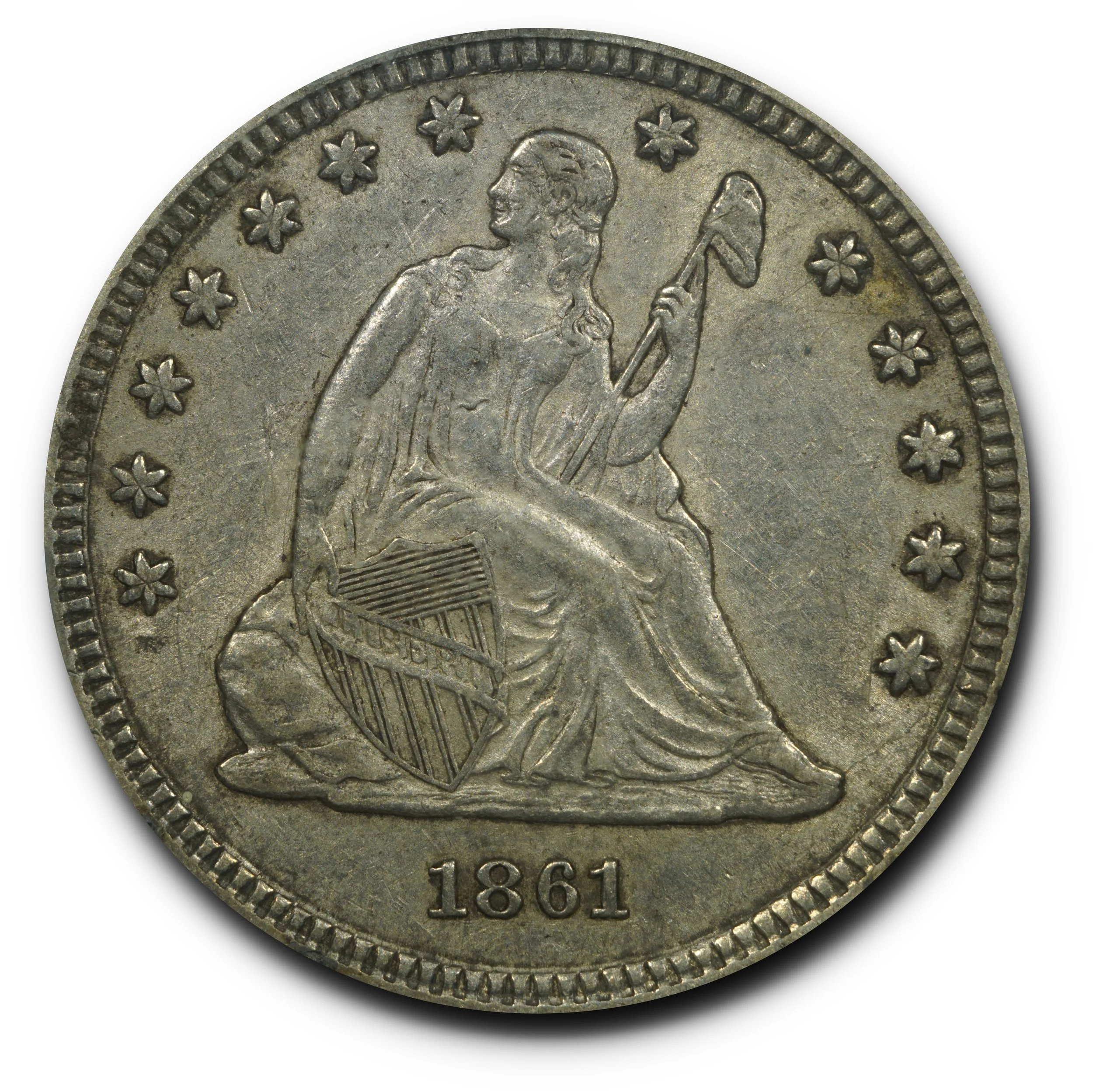 1861 Seated Liberty Quarter PCGS AU50 Civil War No Motto