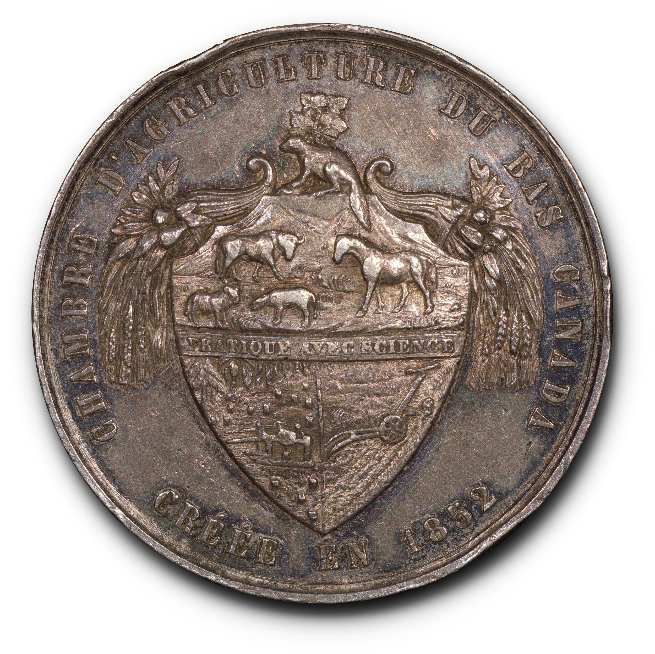 (1852-1860) Chambre D'Agriculture du Bas Canada Silver Award Medal. VF. Leroux-610, McLachlan-140, Charlton EQCA-6.