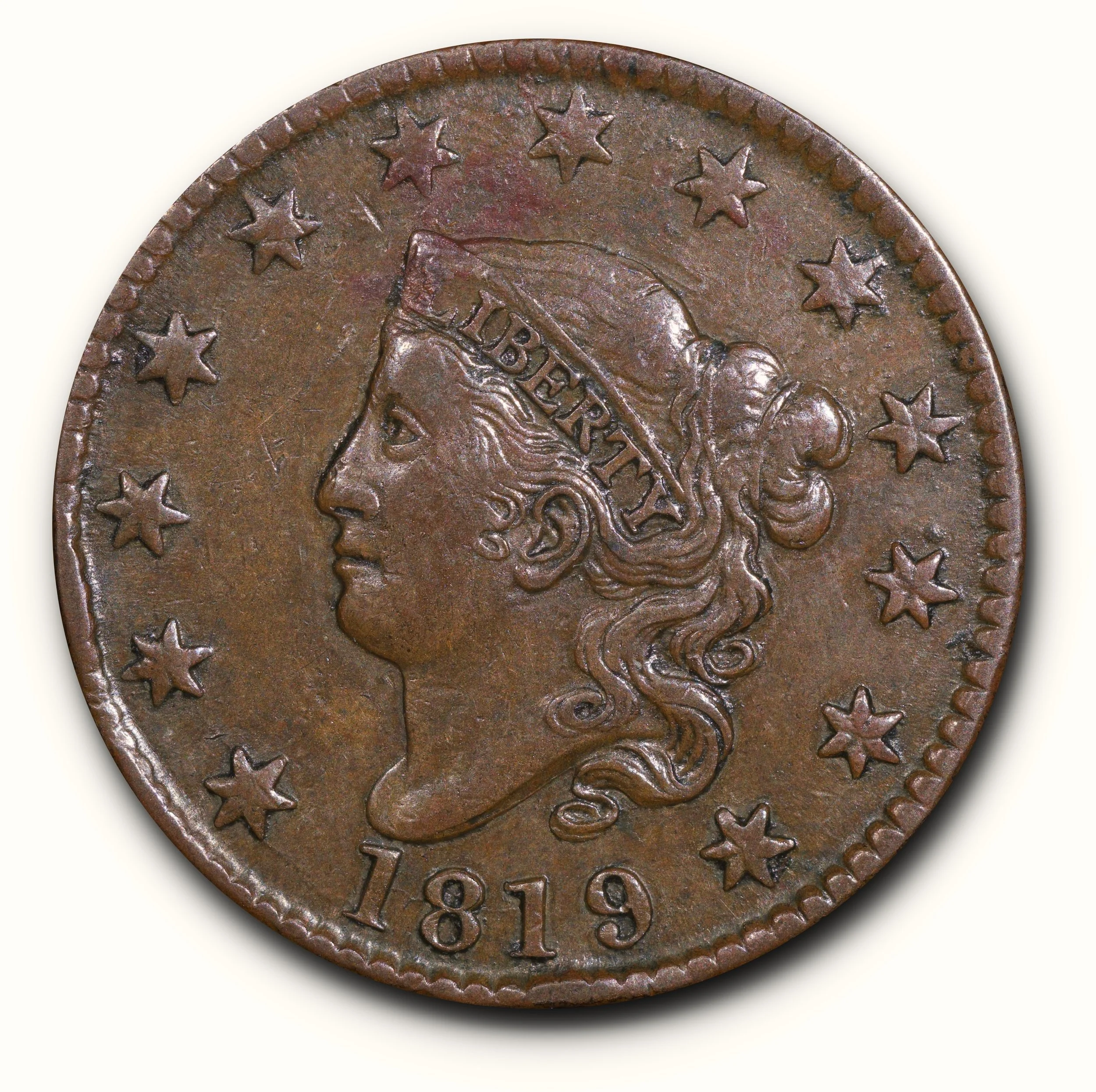 1819/8 United States Matron Head Cent, N-2, R.1, XF.