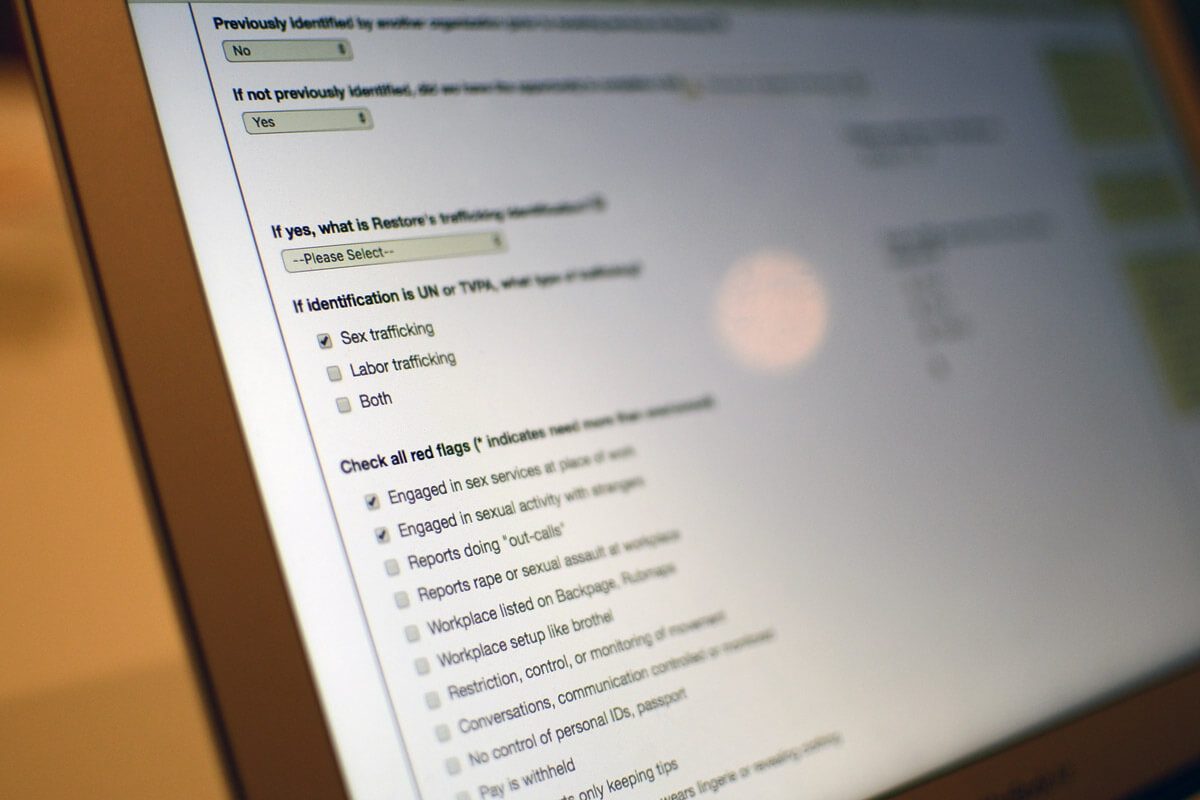 Intake form that Restore counselors use to identify survivors of sex trafficking.