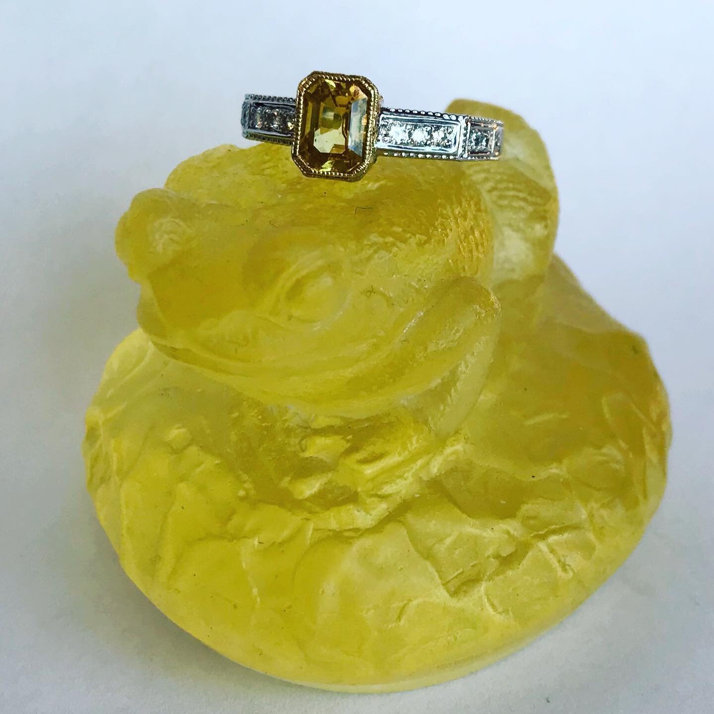 Bet this little frog will turn into a prince! Beautiful 1.20 carat yellow sapphire with .17 tcw of diamonds in 18k yellow and white gold. Hop in to see it in person!!