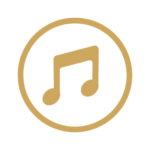 Music note icon inside a gold circle on a white background.