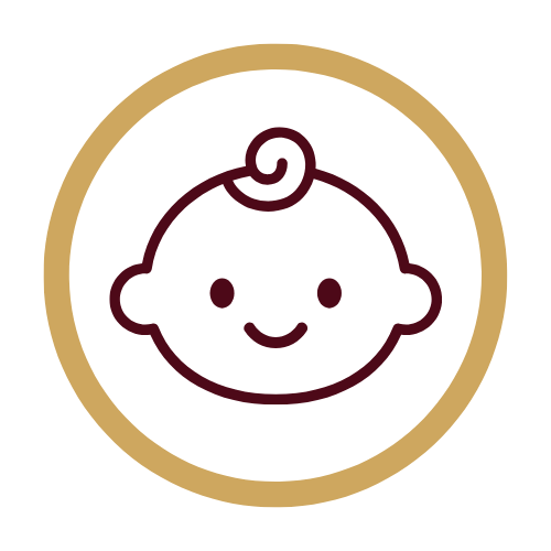 Simple cartoon drawing of a baby's face with a curl of hair, smiling, inside a gold circle.