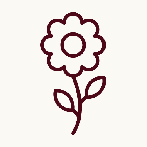Simple line drawing of a flower with a round center, five petals, and two leaves on a curved stem.