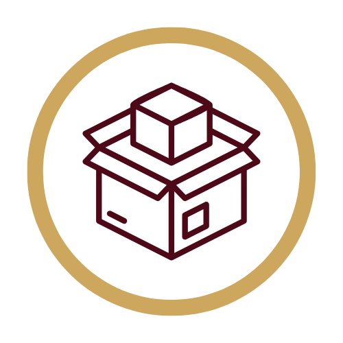 Simple line drawing of an open cardboard box with a smaller box inside, outlined in black with a gold circular border.