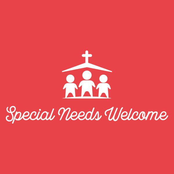 Symbolic illustration of three children under a church roof with a cross, with the text 'Special Needs Welcome' in cursive.