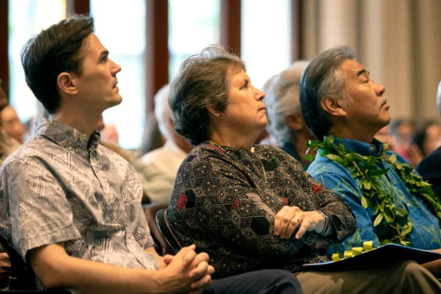 From left, Scott Glenn, director of the state Office of Environmental Quality Control; Suzanne Case, director of the Department of Land and Natural Resources; and Gov. David Ige listen to a presentation at the inaugural Hawaii Climate Conference earlier this week.