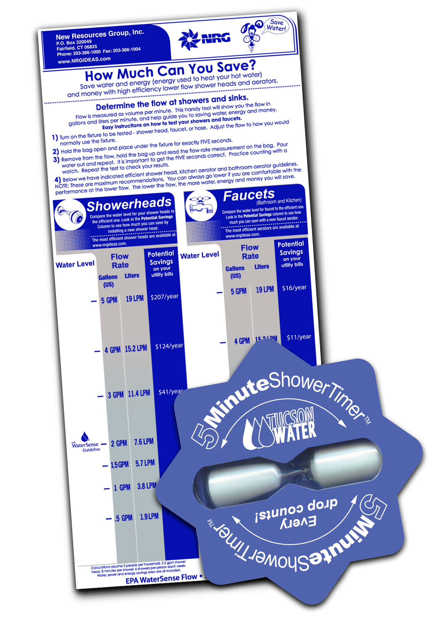Each student receives a flow rate bag to calculate home shower and faucet water use, and a shower timer encouraging reduced water use by limiting showers to 5 minutes or less.