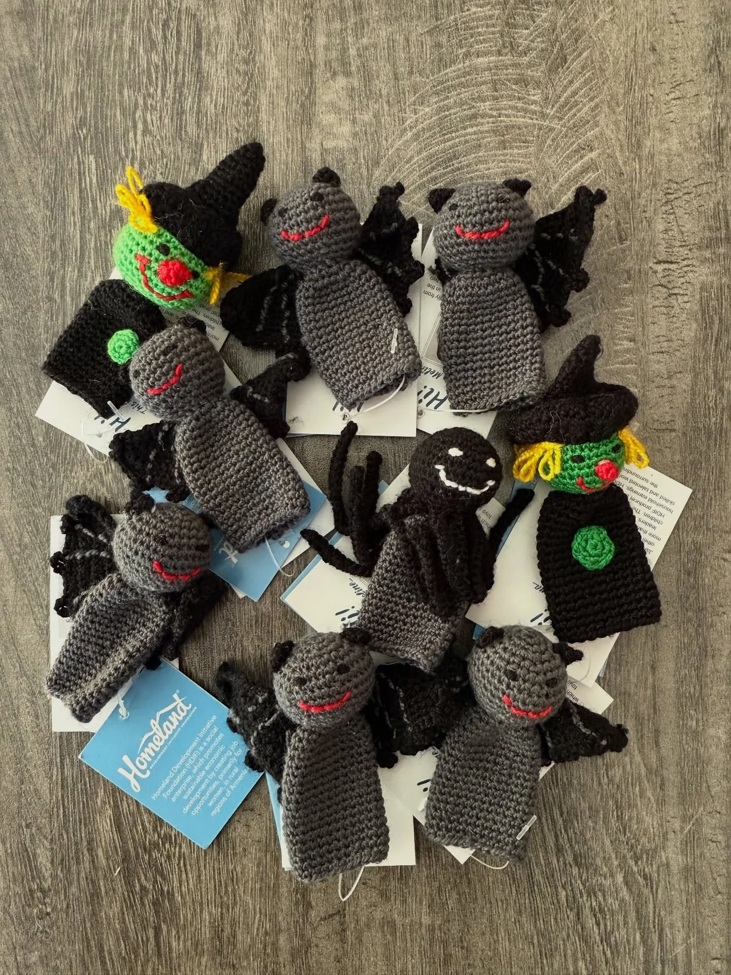 Bats and witches and a spider, oh my! Halloween is only a couple weeks away, and we have these finger puppets in stock in Armenia!  The whole set is available from HDIF USA at https://www.hdifusashop.com/products/for-babies-and-kids-halloween-crochet