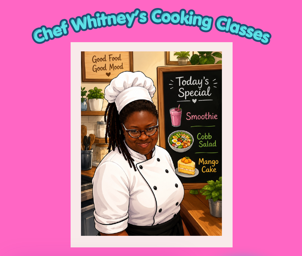 Profile picture of Whitney wearing a chef’s uniform and hat against a bright pink background with the words “Chef Whitney’s Cooking Classes.”