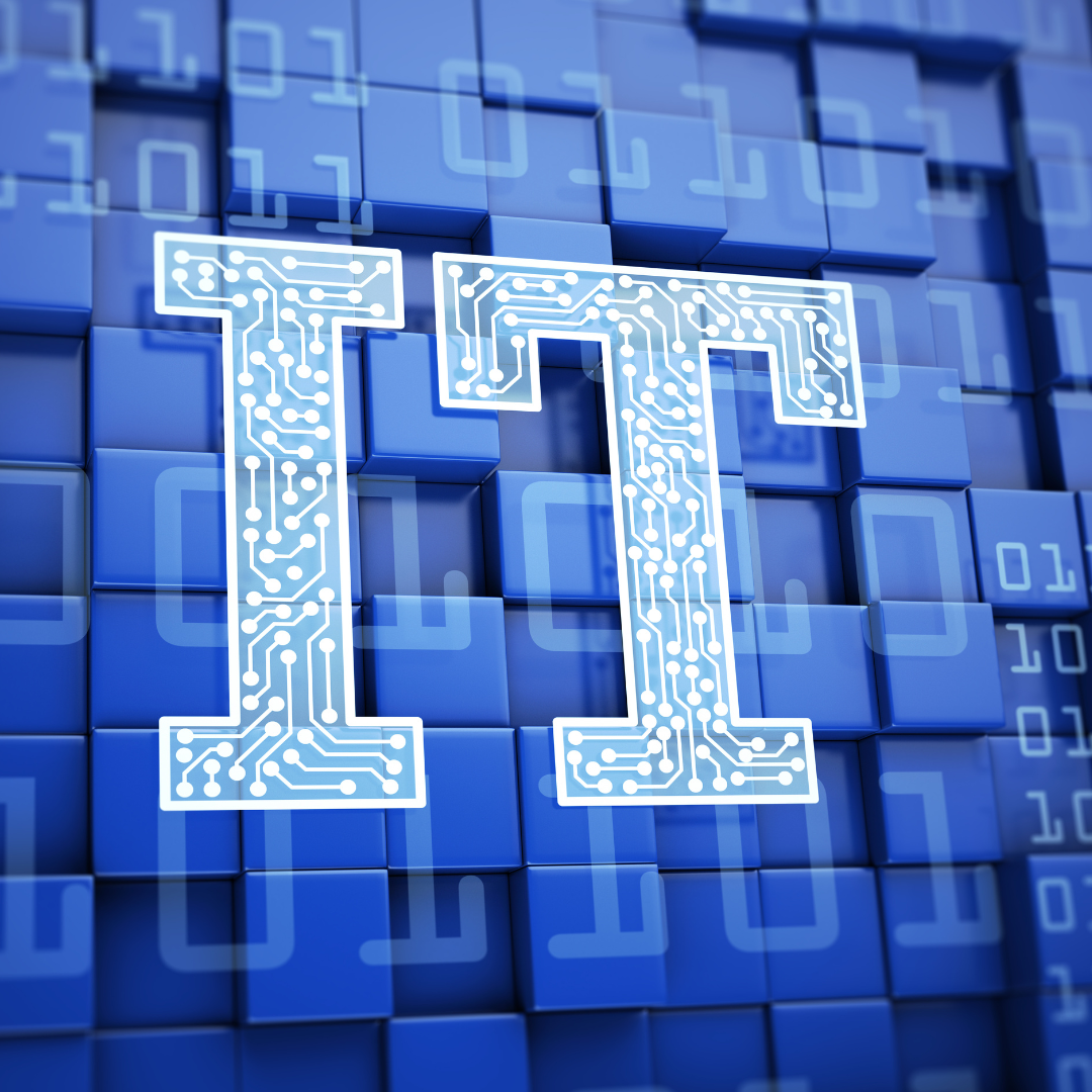 IT in white letters against a royal blue background