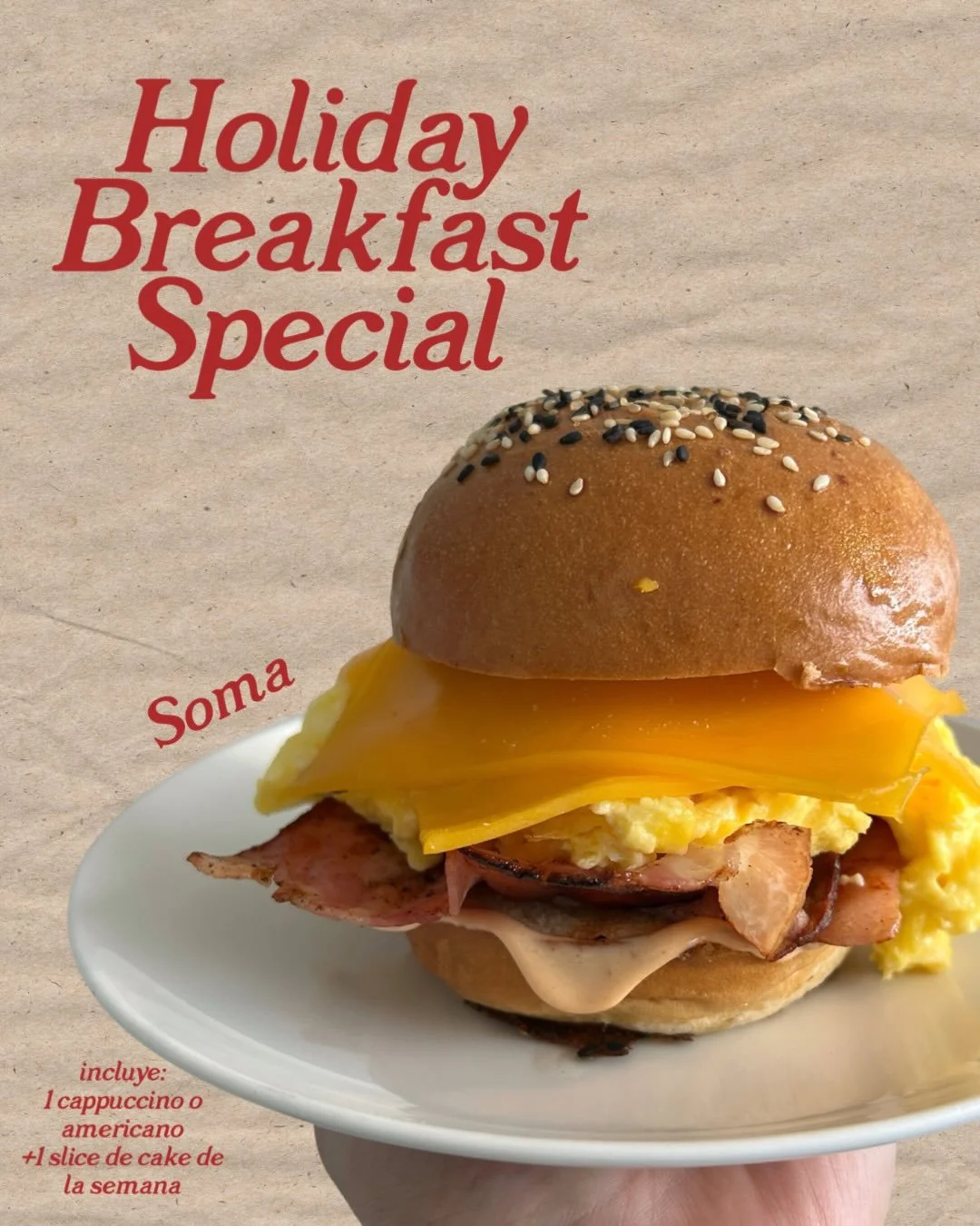 ✨🎄Holiday Breakfast Specials🎄✨
&zwnj;
Celebra las festividades con nuestros especiales de desayuno! Este mes tenemos 2 opciones:
&zwnj;
✨SOMA |$15
sandwich con tocino, huevos revueltos, queso americano, salsa picante
&zwnj;
✨NOPA | $15
2 pancakes, 