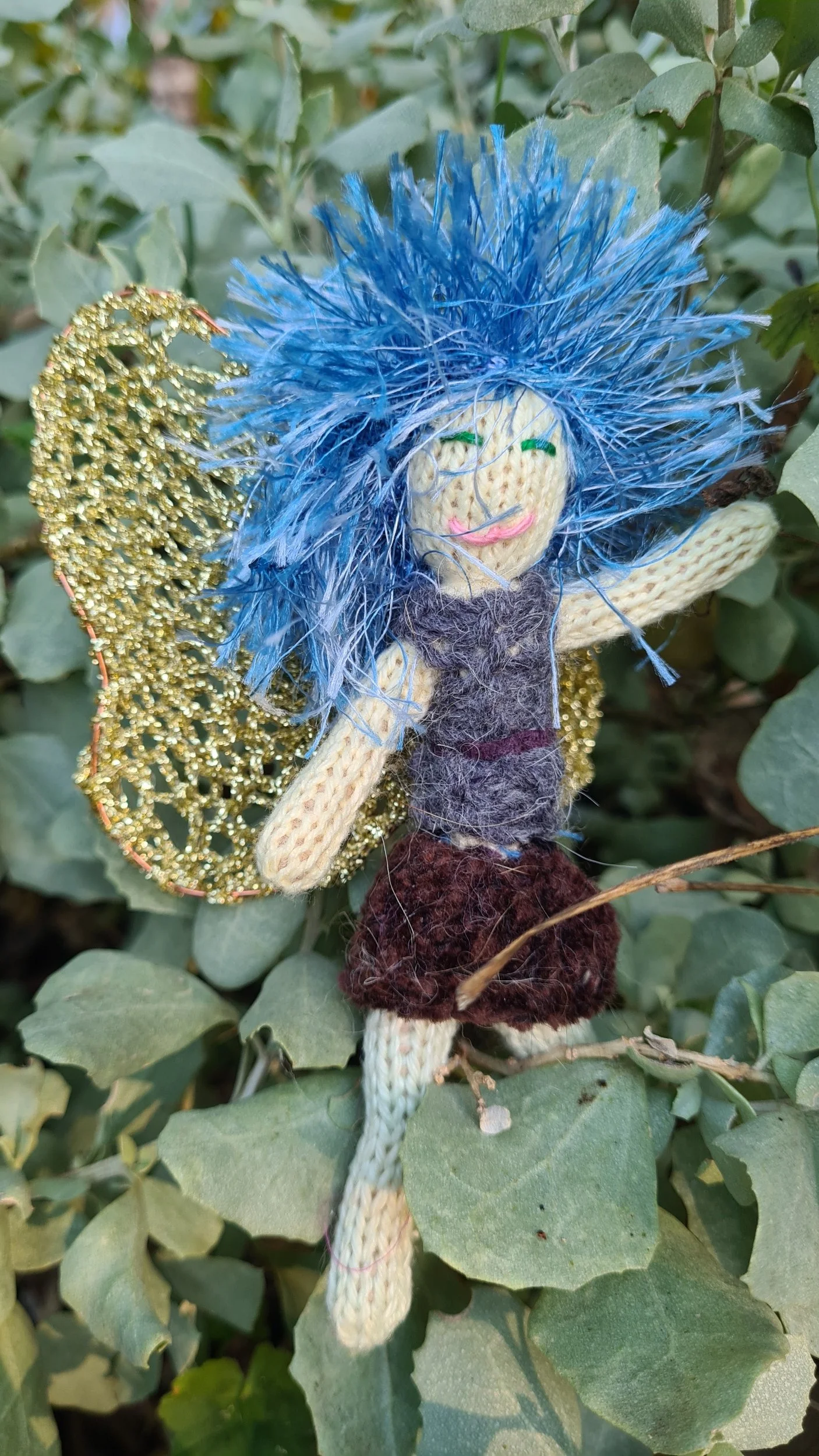 Blue, Knitted Poseable Faery, Gold Wings, Green Leggins, Brown Dress