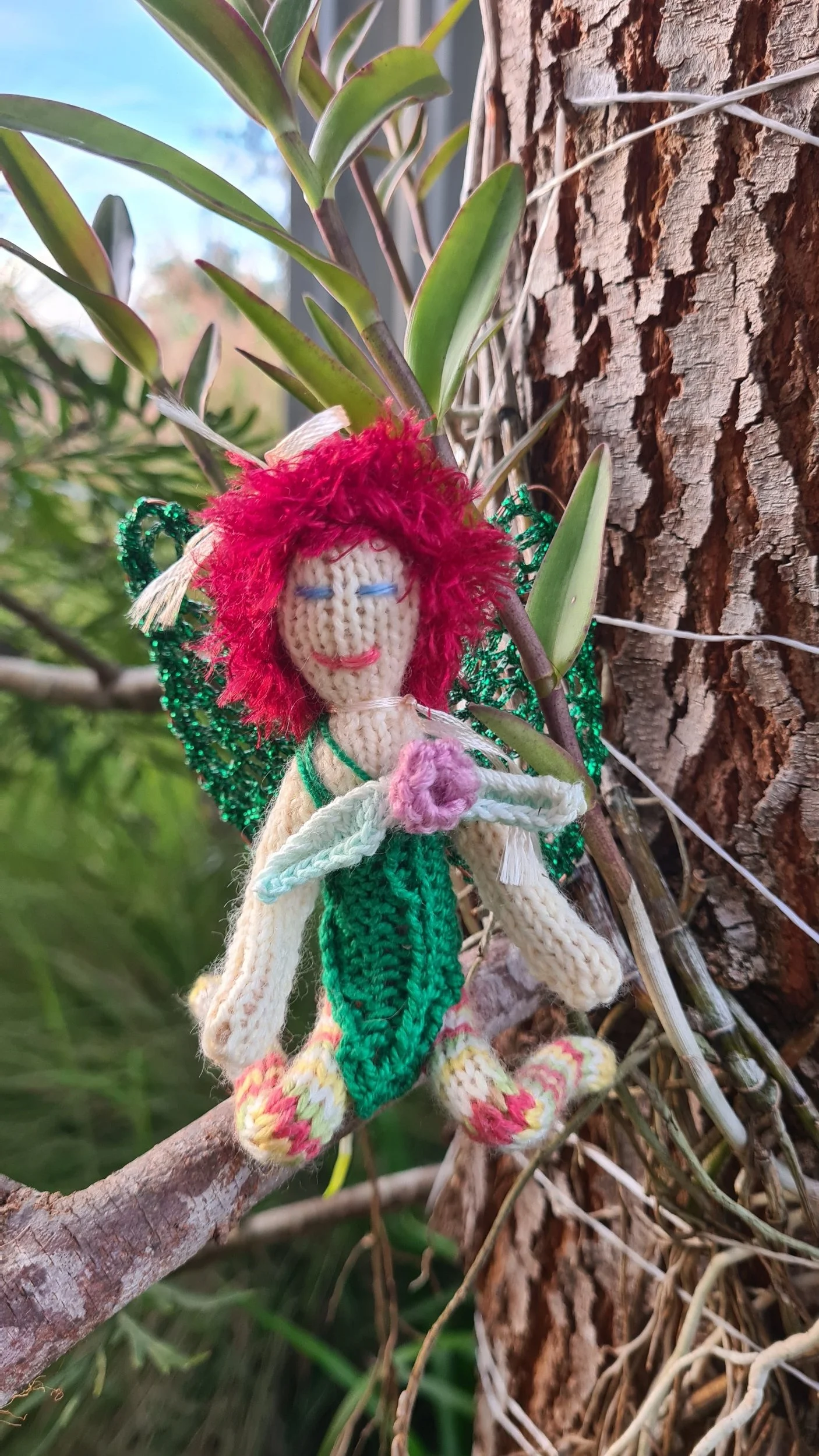 Flame, Red Haired, Poseable, Individually knitted Faery