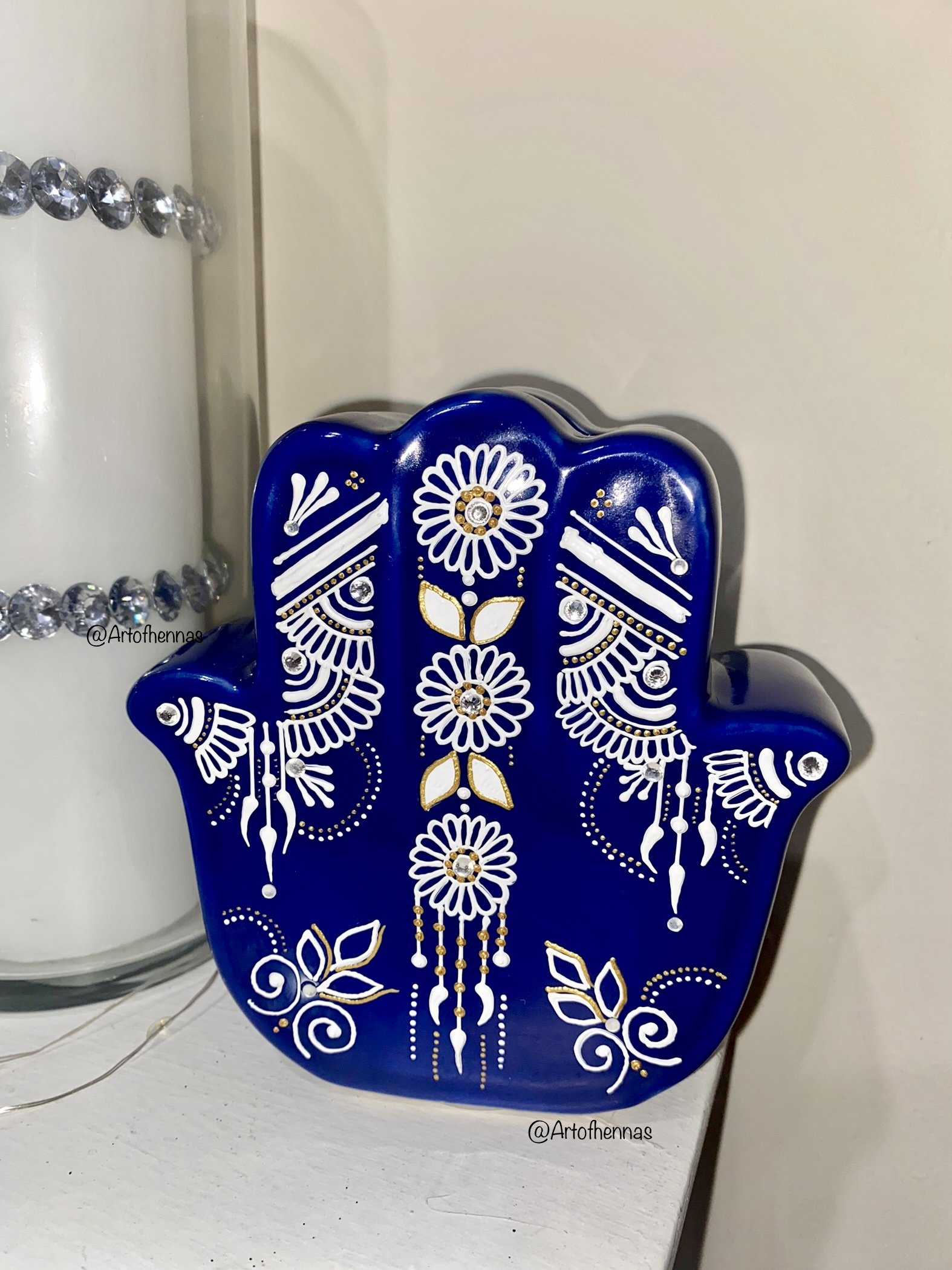 Blue and White Hamsa Ceramic Hand