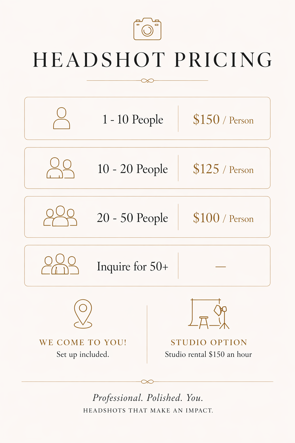 Pricing chart for headshot photography with options for 1-10, 10-20, 20-50 people, or inquire for 50+ people, including details about on-location setup and studio rental.