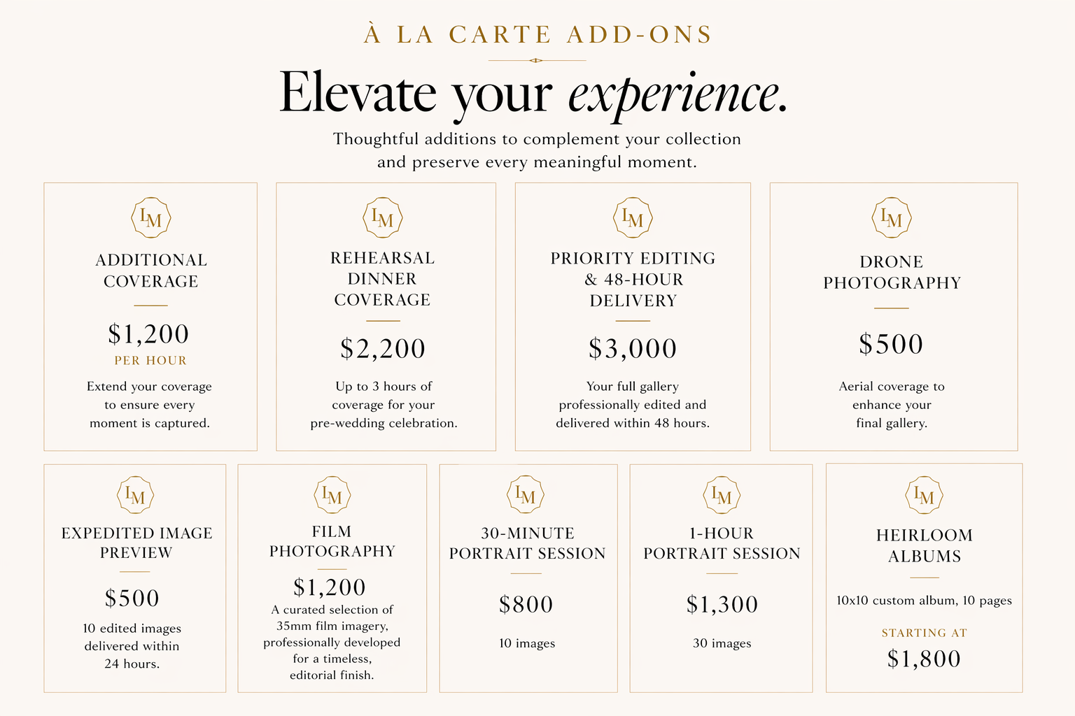 Pricing menu for photography add-ons, including coverage, editing, drone photography, previews, film photography, portrait sessions, and albums, with prices and descriptions.