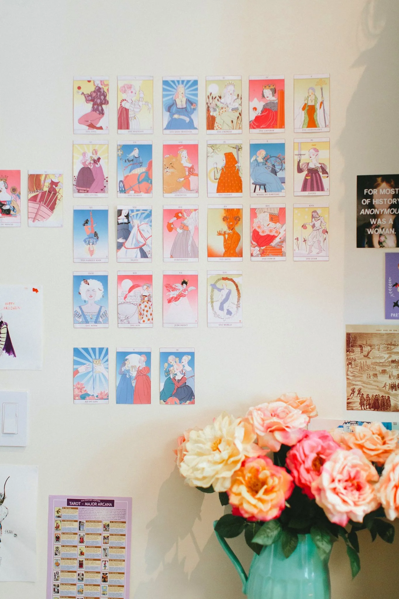 The deck I'm currently designing and illustrating, printed out and pinned on the wall of my studio here in NYC.